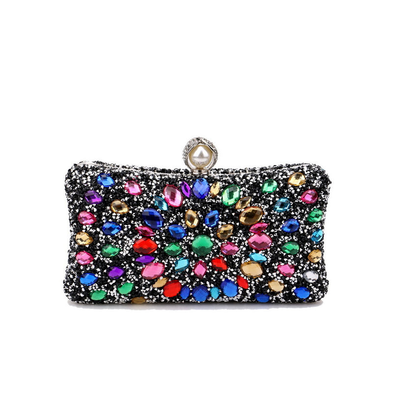 Lavish Pearl Clasp Rhinestone Embellished Metallic Chain Evening Clutch Bag