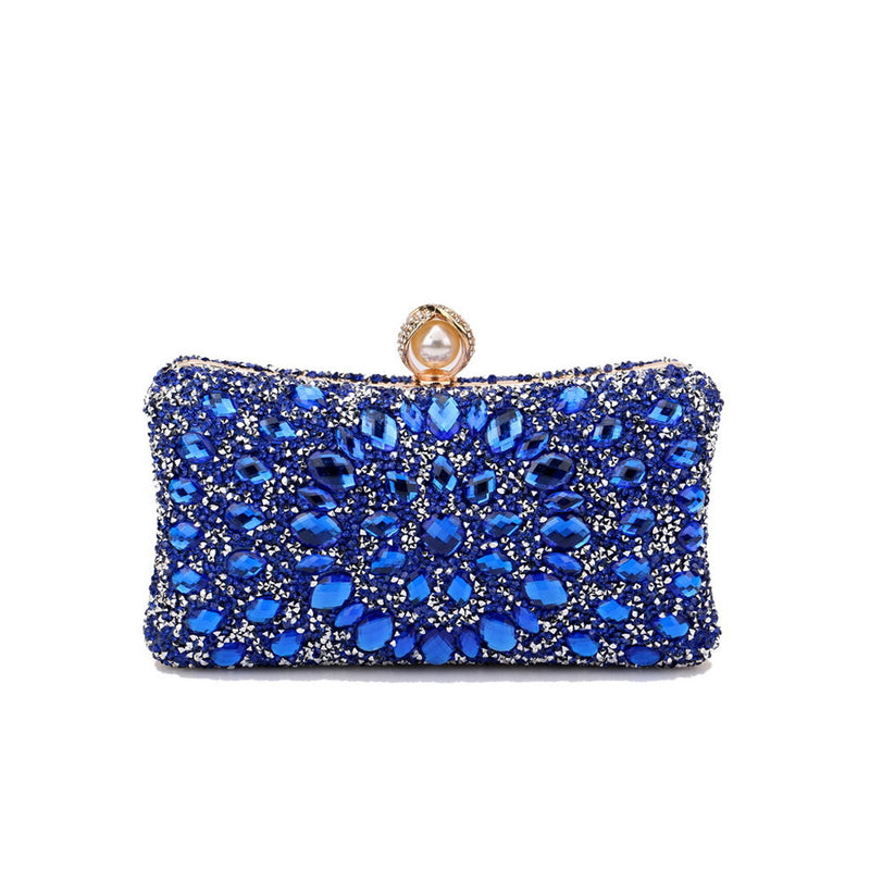 Lavish Pearl Clasp Rhinestone Embellished Metallic Chain Evening Clutch Bag