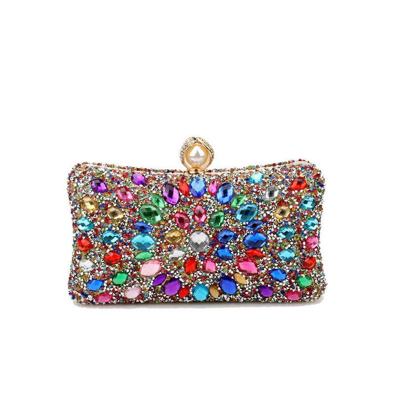 Lavish Pearl Clasp Rhinestone Embellished Metallic Chain Evening Clutch Bag