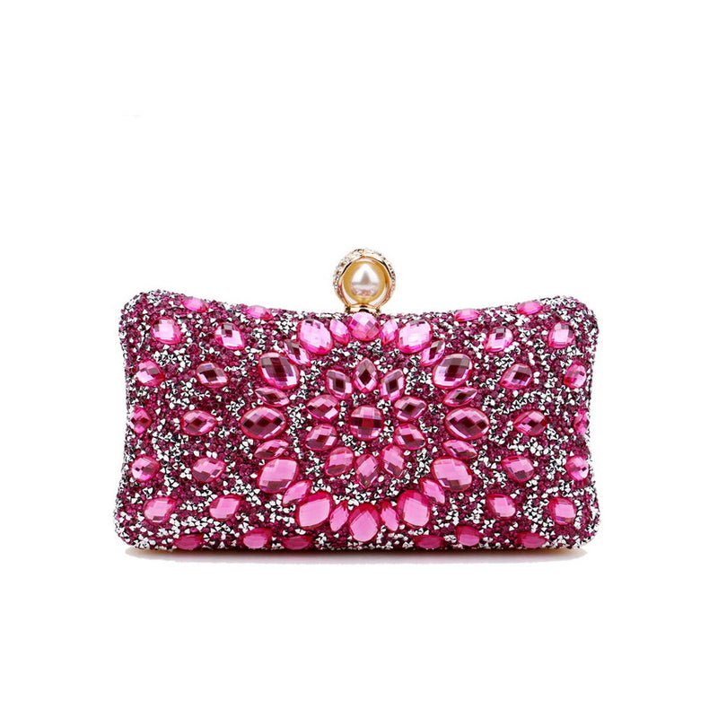 Lavish Pearl Clasp Rhinestone Embellished Metallic Chain Evening Clutch Bag