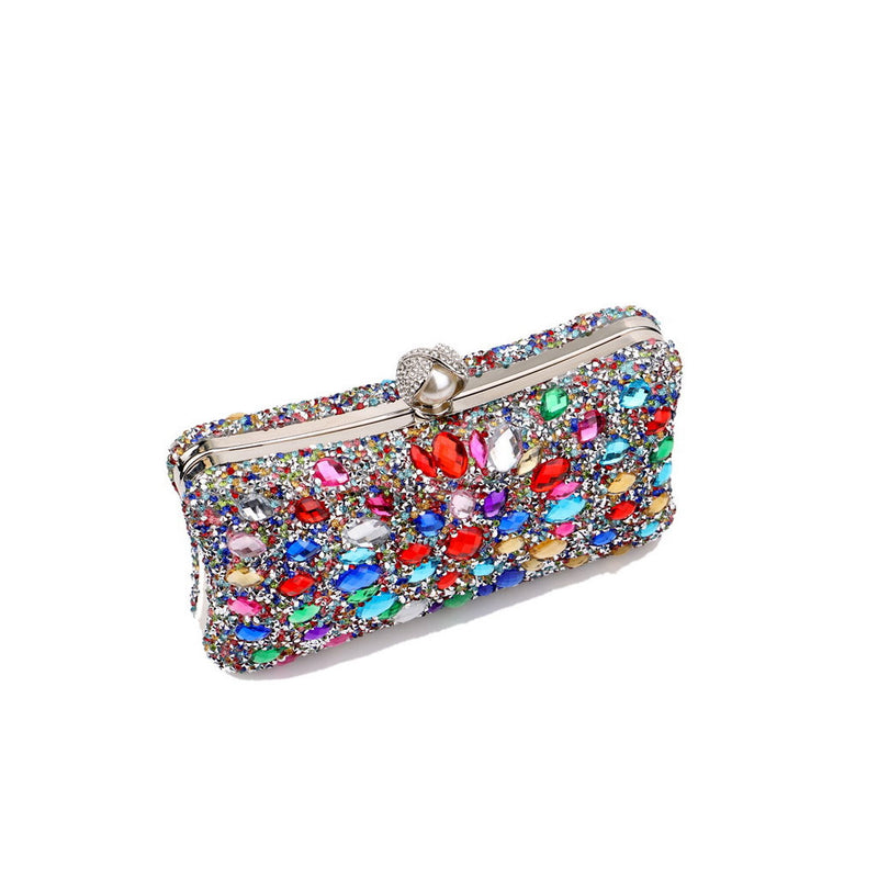 Lavish Pearl Clasp Rhinestone Embellished Metallic Chain Evening Clutch Bag