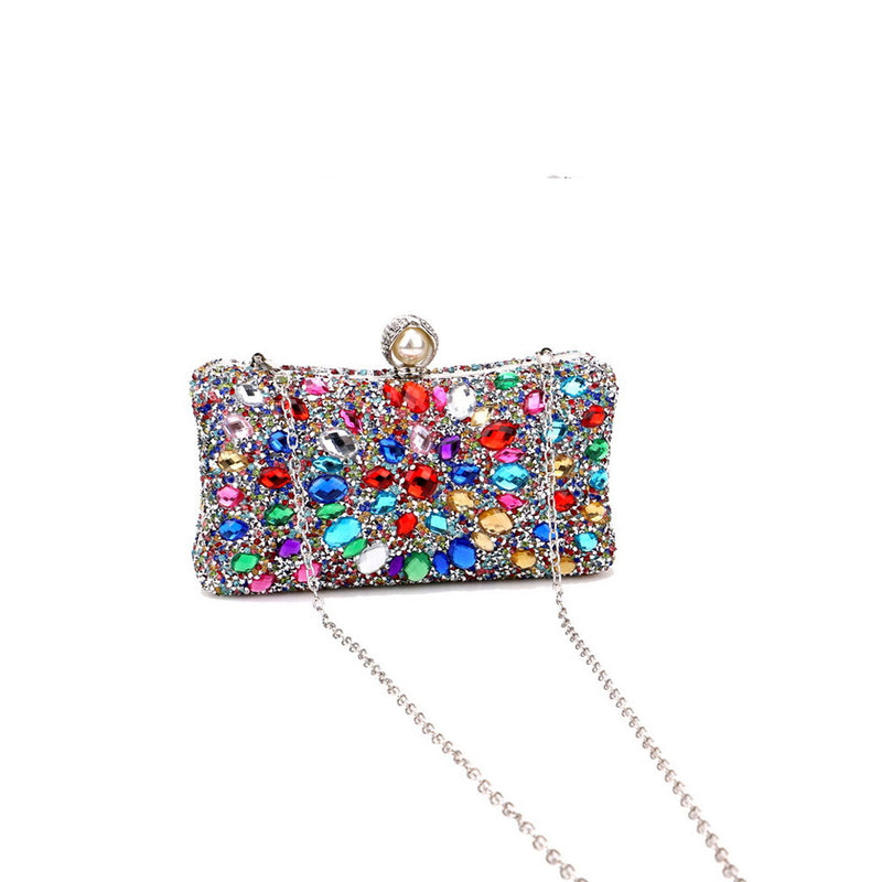 Lavish Pearl Clasp Rhinestone Embellished Metallic Chain Evening Clutch Bag