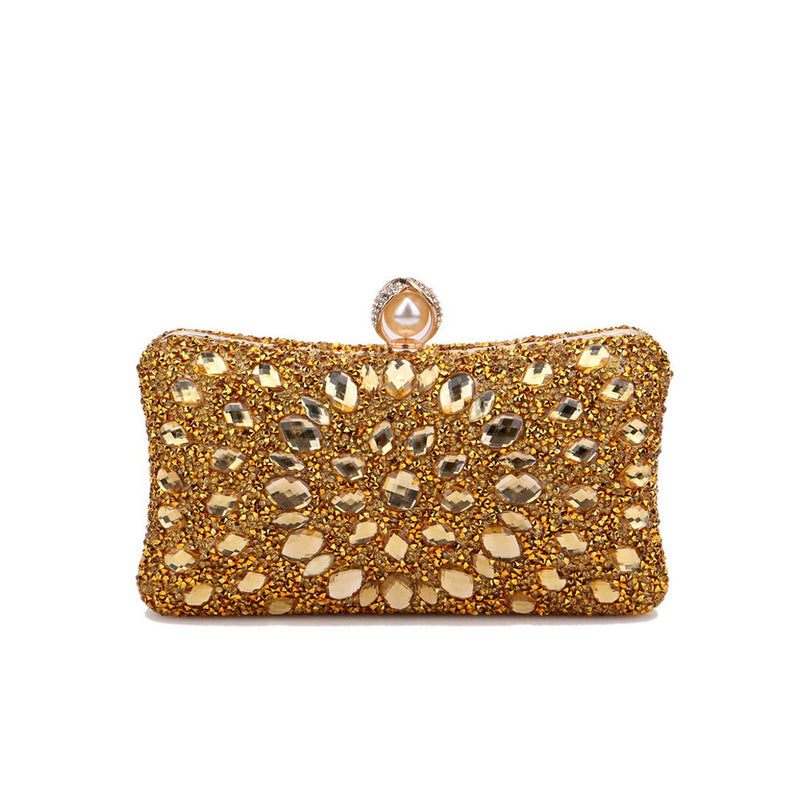 Lavish Pearl Clasp Rhinestone Embellished Metallic Chain Evening Clutch Bag