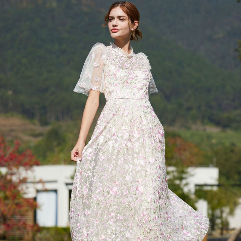 Lavish Short Sleeve Frill Neck A Line Summer Embroidered Floral Tulle Maxi Dress