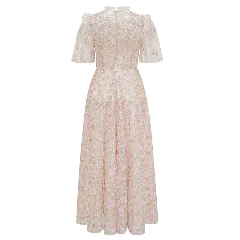 Lavish Short Sleeve Frill Neck A Line Summer Embroidered Floral Tulle Maxi Dress