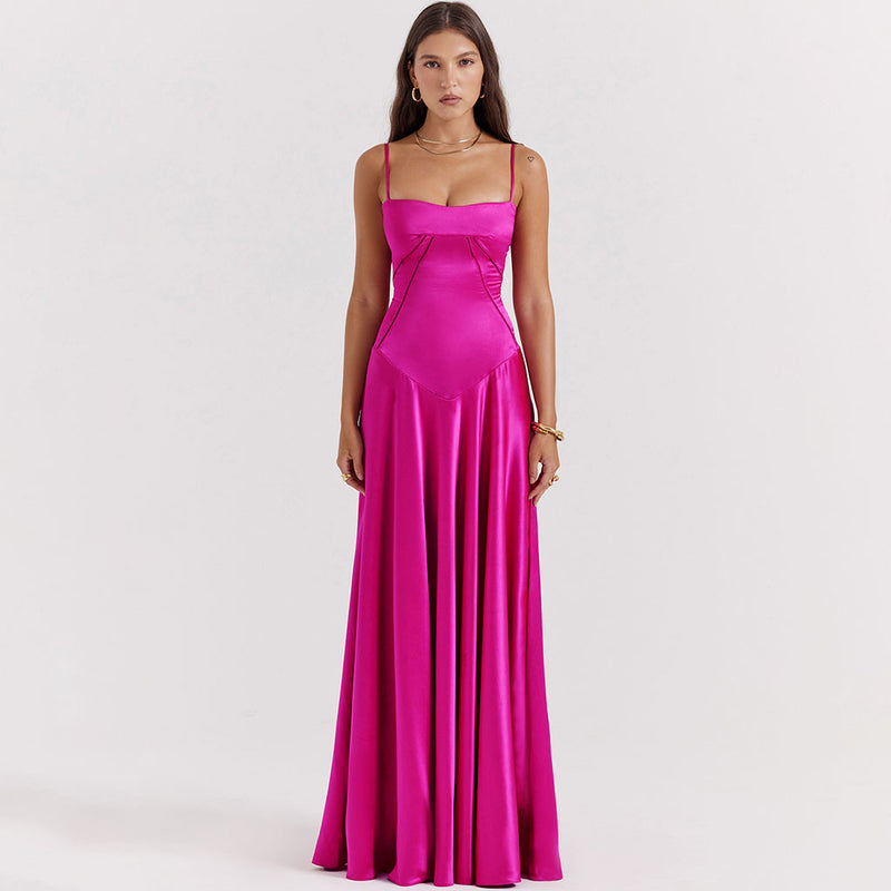 Lavish Square Neck Lace Up Back Drop Waist Flared Silky Satin Maxi Evening Dress