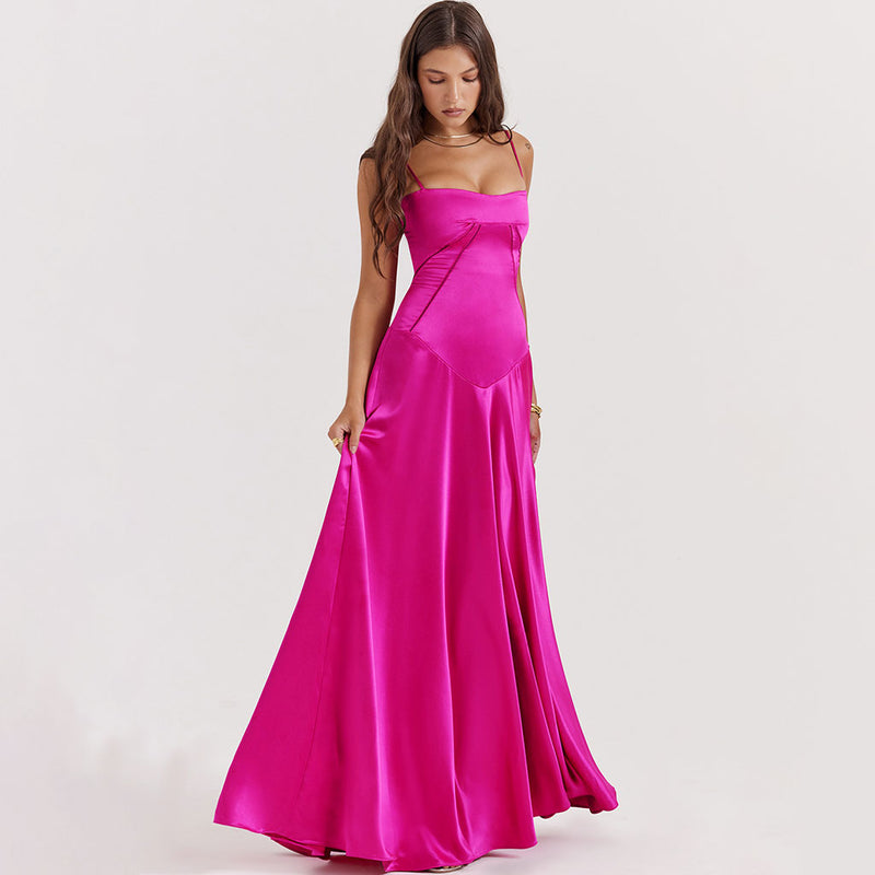 Lavish Square Neck Lace Up Back Drop Waist Flared Silky Satin Maxi Evening Dress