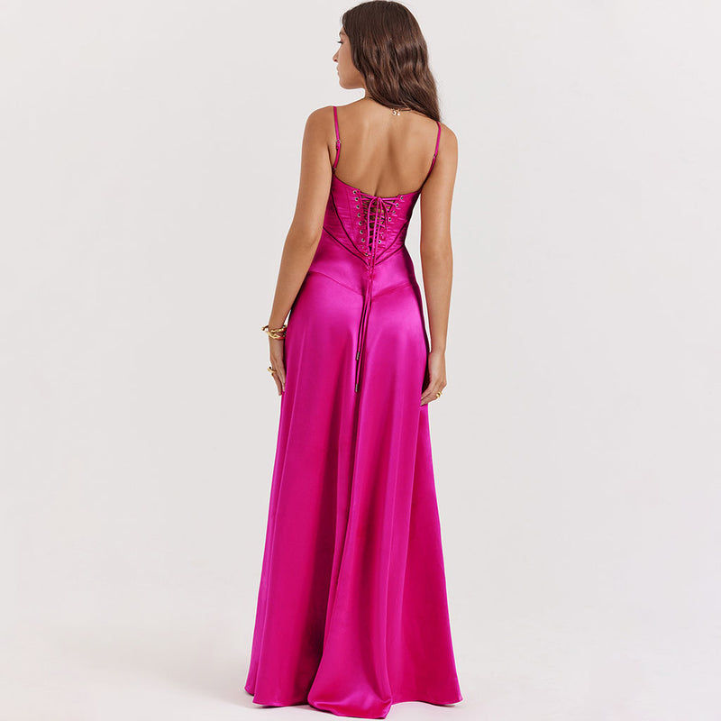 Lavish Square Neck Lace Up Back Drop Waist Flared Silky Satin Maxi Evening Dress