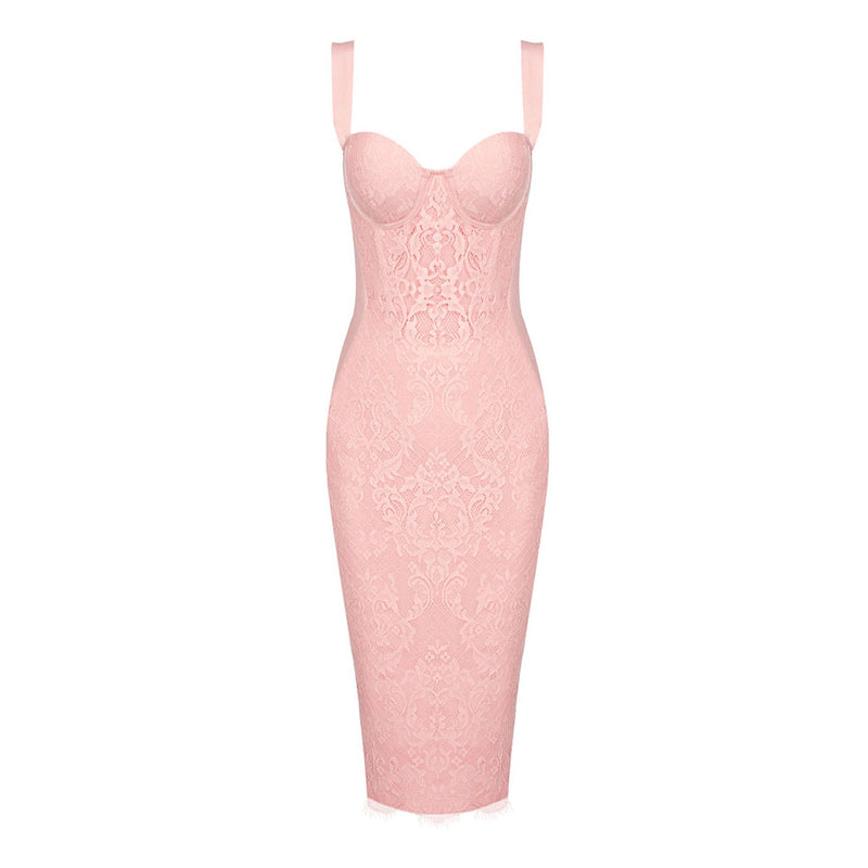 Lavish Sweetheart Neck Sleeveless Bodycon Lace Bandage Cocktail Midi Dress