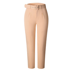 Leisure Solid Color Belted High Waist Ankle Length Pleated Taper Pants