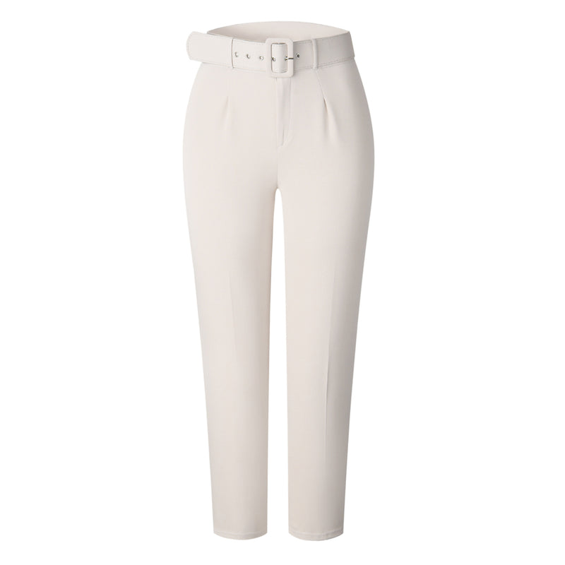 Leisure Solid Color Belted High Waist Ankle Length Pleated Taper Pants