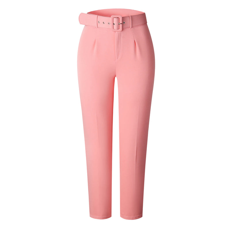 Leisure Solid Color Belted High Waist Ankle Length Pleated Taper Pants