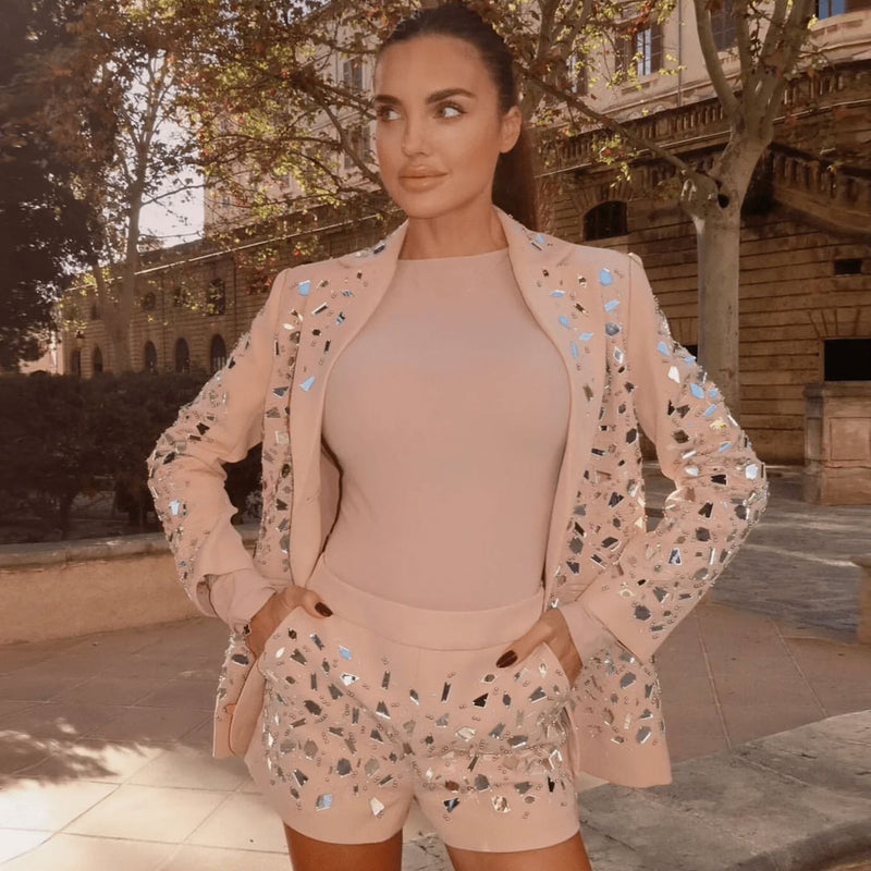 Luminous Mirrored Embellished High Waist Shorts Blazer Matching Set