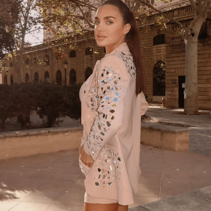 Luminous Mirrored Embellished High Waist Shorts Blazer Matching Set