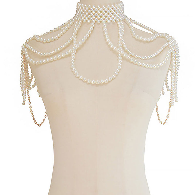 Lustrous Chain Link Layered Imitation Pearl Choker Body Chain