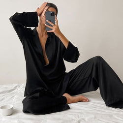 Lustrous Long Sleeve Collar Deep V Button Up Oversized Satin Lounge Set