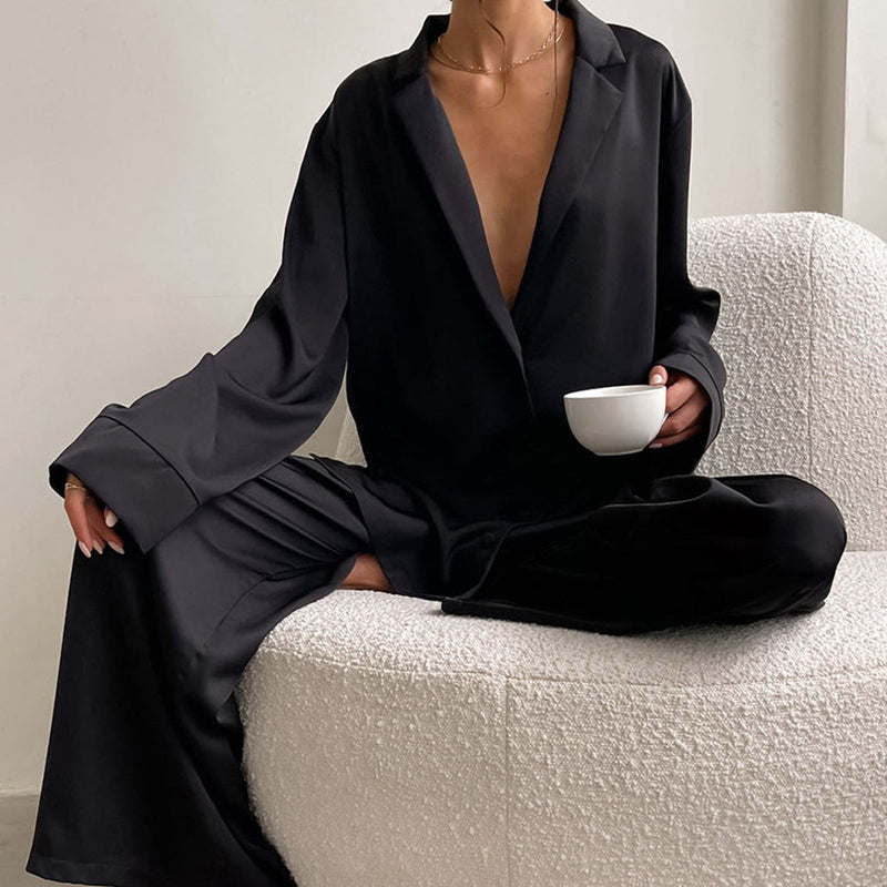 Lustrous Long Sleeve Collar Deep V Button Up Oversized Satin Lounge Set