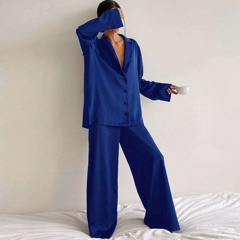 Lustrous Long Sleeve Collar Deep V Button Up Oversized Satin Lounge Set