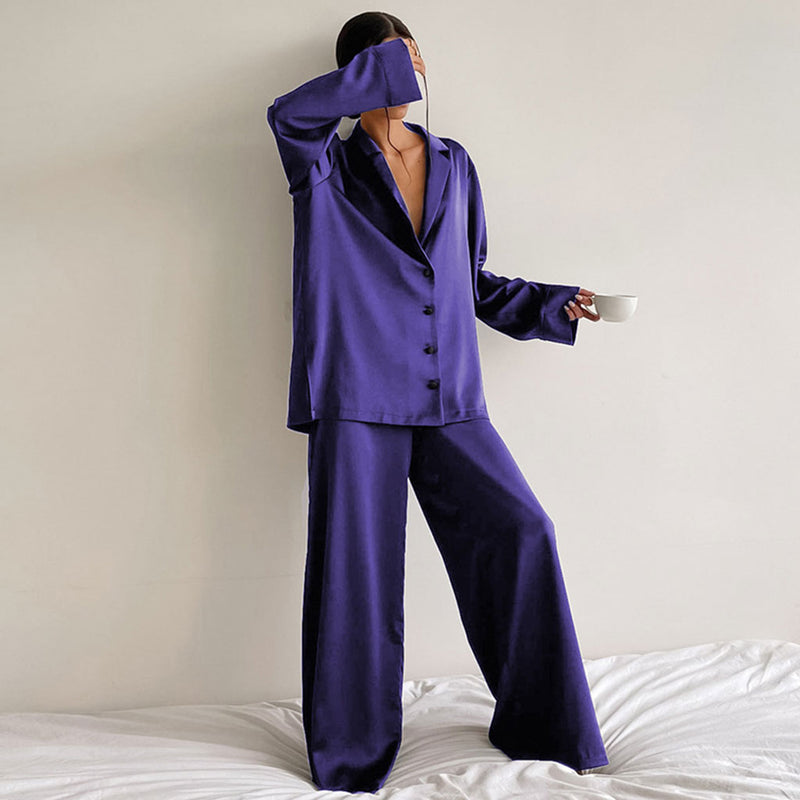 Lustrous Long Sleeve Collar Deep V Button Up Oversized Satin Lounge Set