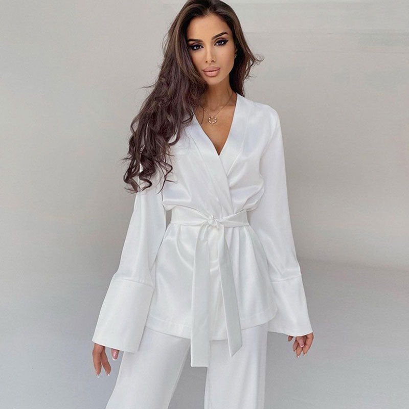 Lustrous Long Sleeve V Neck Belted Wrap Robe Wide Leg Satin Lounge Set