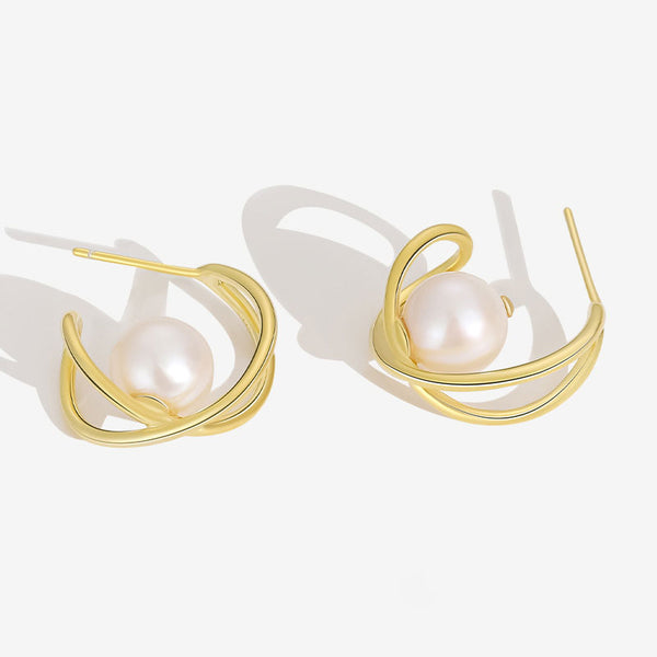 Luxe Two Tone 18K Gold Plated Sterling Silver Baroque Pearl Hoop Earrings