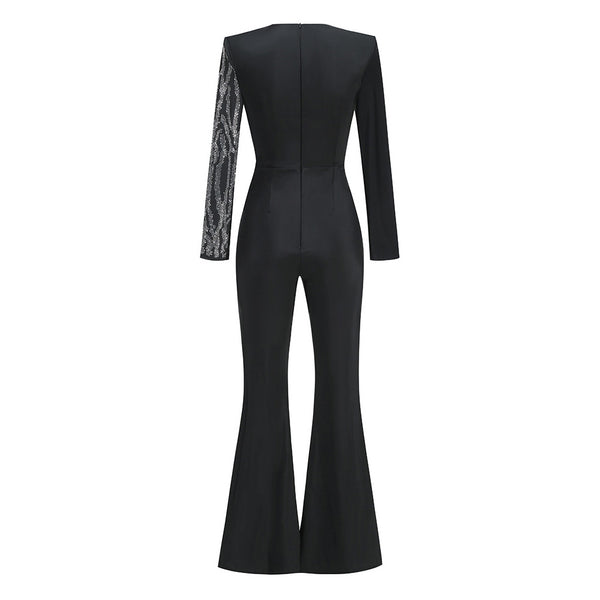 Luxurious Plunge Long Sleeve Twist Waist Flare Leg Rhinestone Jumpsuits