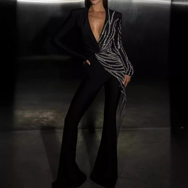 Luxurious Plunge Long Sleeve Twist Waist Flare Leg Rhinestone Jumpsuits