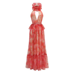 Luxurious Ruffled Halter Split Cutout Peplum Chiffon Floral Tiered Maxi Dress