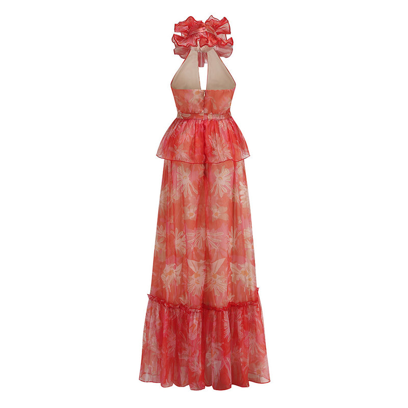 Luxurious Ruffled Halter Split Cutout Peplum Chiffon Floral Tiered Maxi Dress