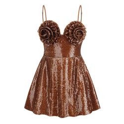 Luxurious Spaghetti Strap Swirl Rosette Bustier Lace Up Sequin Mini Dress