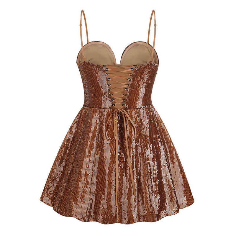 Luxurious Spaghetti Strap Swirl Rosette Bustier Lace Up Sequin Mini Dress