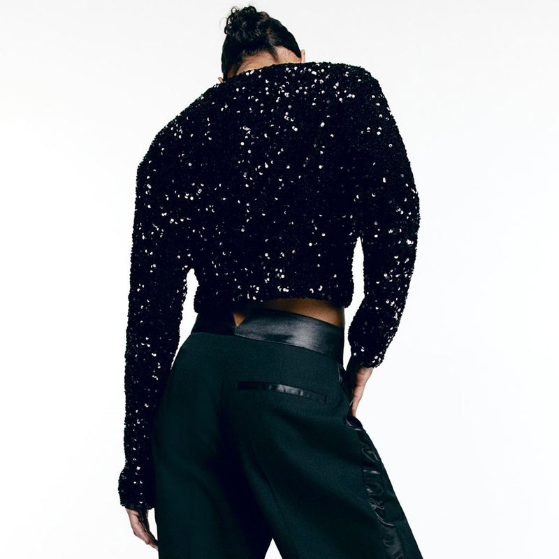 Luxury Big Bow Tie Crew Neck Long Sleeve Sequin Velvet Crop Jacket