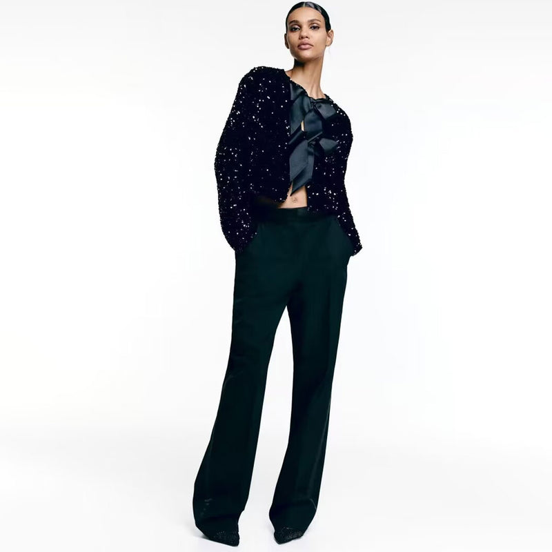 Luxury Big Bow Tie Crew Neck Long Sleeve Sequin Velvet Crop Jacket