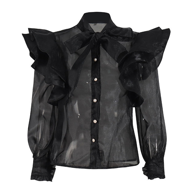 Luxury Bow Tie Neck Layered Ruffle Long Sleeve Button Up Organza Blouse