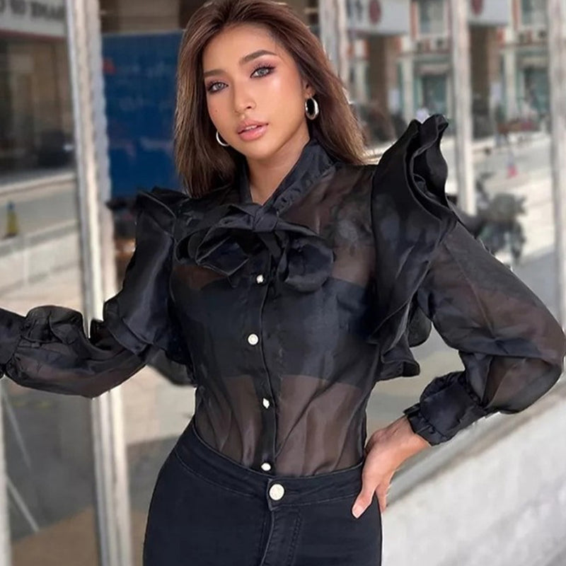 Luxury Bow Tie Neck Layered Ruffle Long Sleeve Button Up Organza Blouse