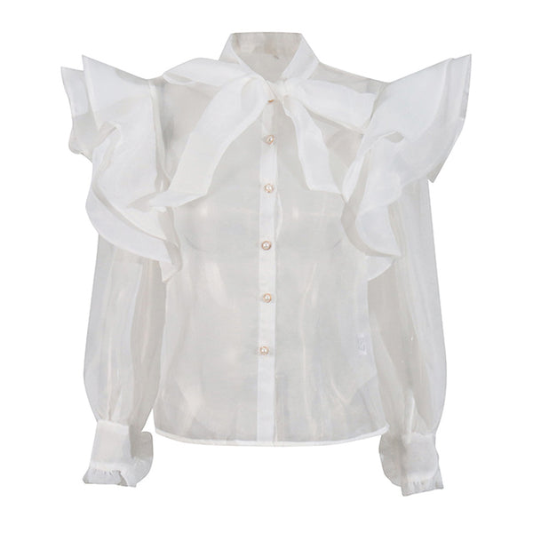 Luxury Bow Tie Neck Layered Ruffle Long Sleeve Button Up Organza Blouse