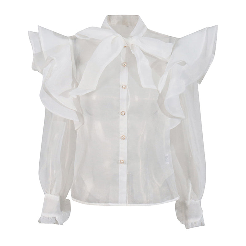 Luxury Bow Tie Neck Layered Ruffle Long Sleeve Button Up Organza Blouse