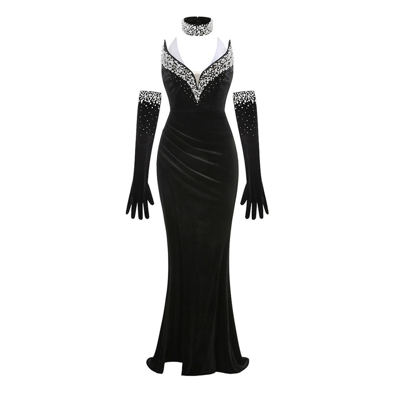 Luxury Crystal Pearl Choker Gloved Layer Plunge High Split Velvet Maxi Dress