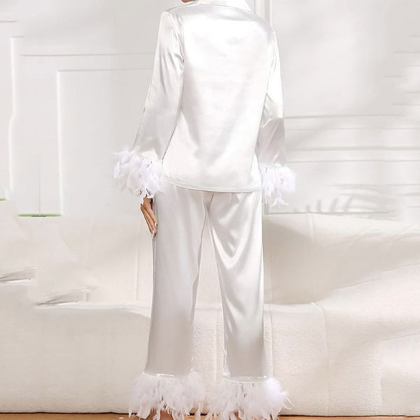 Luxury Faux Feather Long Sleeve Lapel Collar Button Up Satin Lounge Set