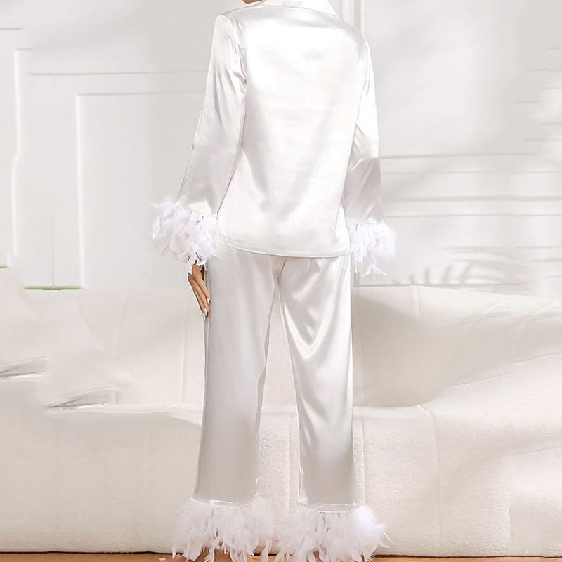 Luxury Faux Feather Long Sleeve Lapel Collar Button Up Satin Lounge Set