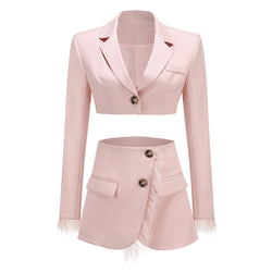 Luxury Feather Trim Lapel Cropped Blazer Button Up Mini Skirt Matching Set