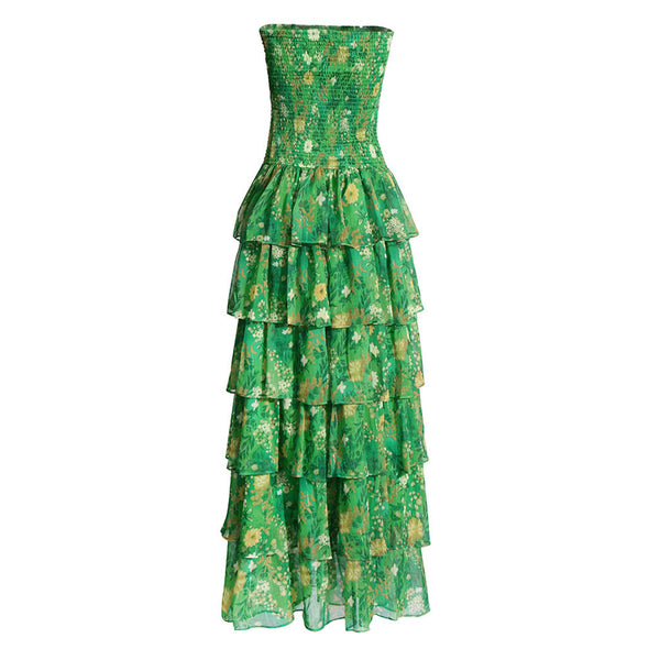 Luxury Floral Print Strapless Smocked Lurex Chiffon Tiered Ruffled Maxi Dress