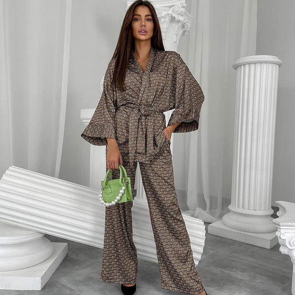 Luxury Geo Print Long Sleeve Belted Wrap Robe High Waist Satin Lounge Set