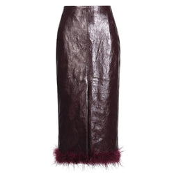 Luxury High Waist Front Split Faux Feather Trim Vegan Leather Pencil Midi Skirt