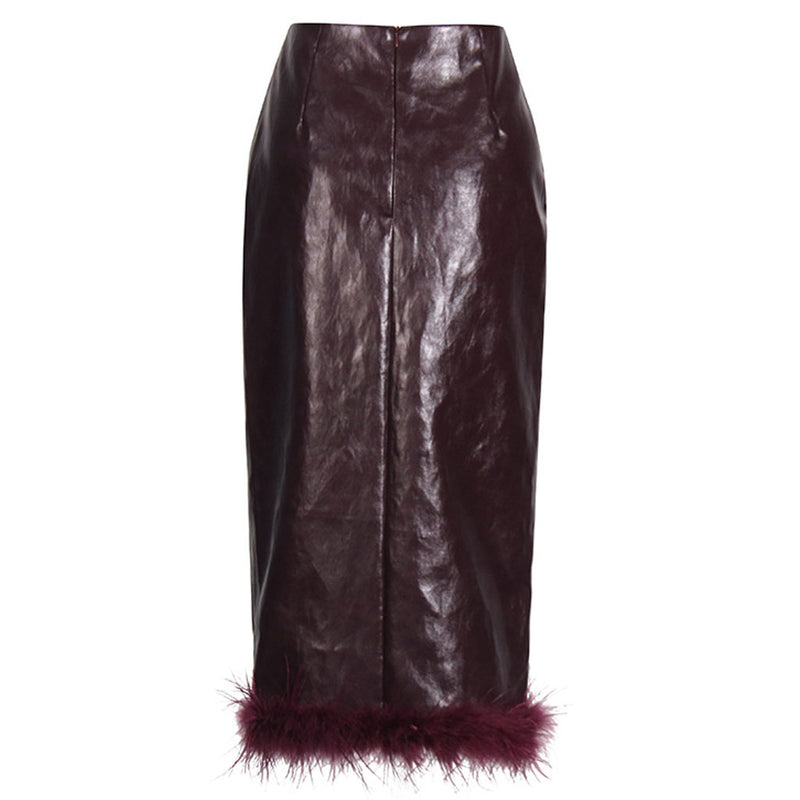 Luxury High Waist Front Split Faux Feather Trim Vegan Leather Pencil Midi Skirt