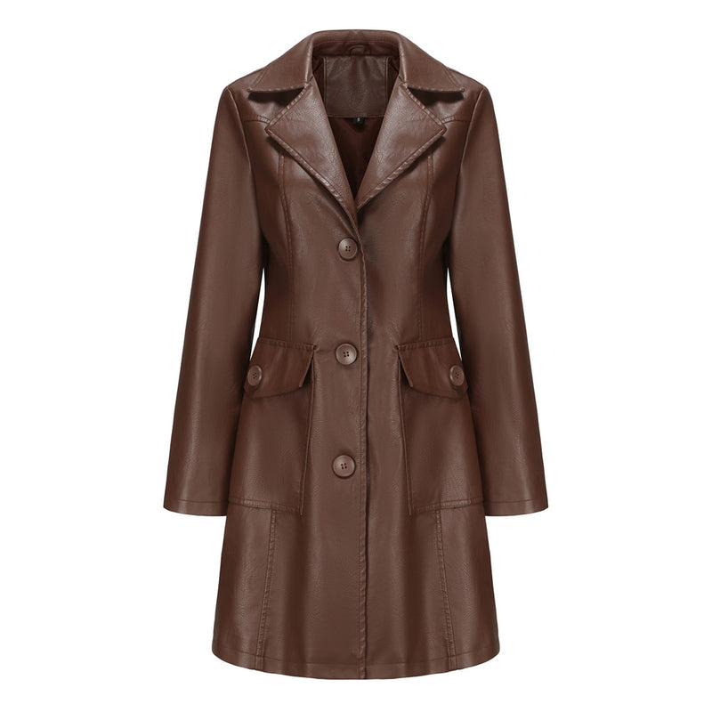 Luxury Lapel Collar Long Sleeve Button Up Cinch Waist Vegan Leather Trench Coat