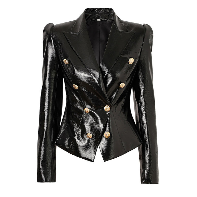 Luxury Lapel Gold Tone Double Breasted Fitted Waist Sheen Vegan Leather Jacket