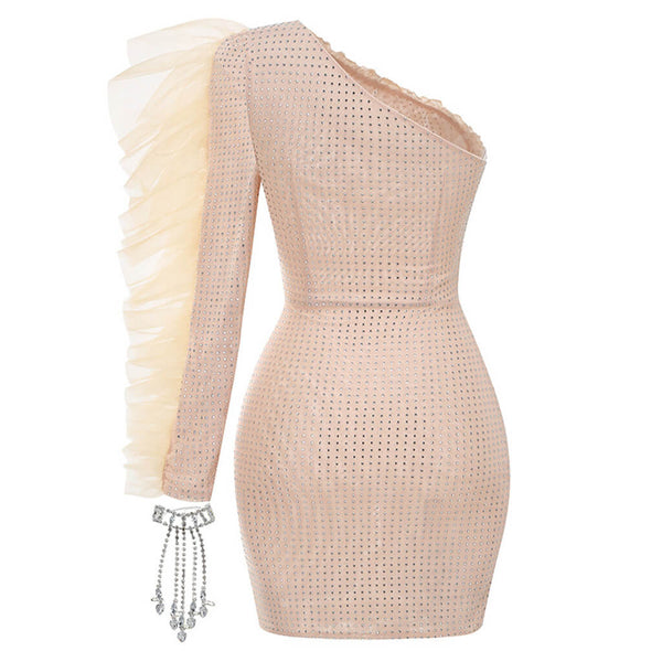 Luxury One Shoulder Ruffle Sleeve Crystal Bodycon Sheer Mesh Mini Dress