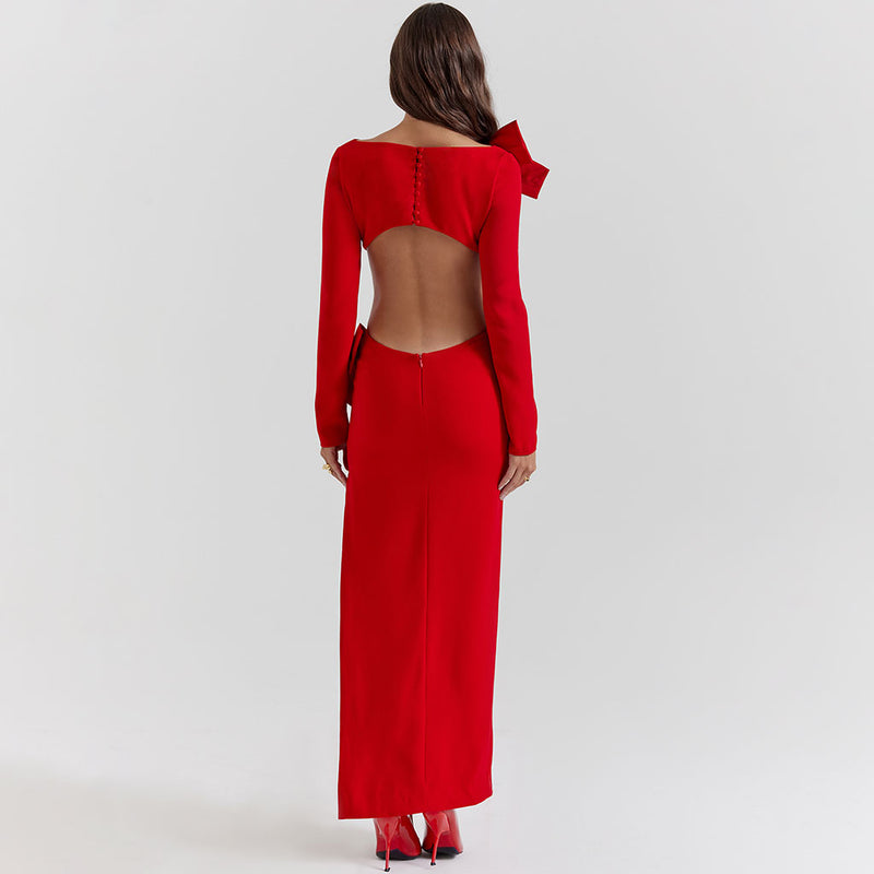 Luxury Oversized Bow Boat Neck Bodycon Long Sleeve Thigh Split Cut Out Maxi Dress