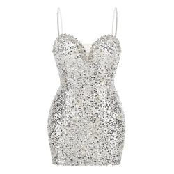 Luxury Pearl Rhinestone Spaghetti Strap Sequin Bodycon Mini Party Dress